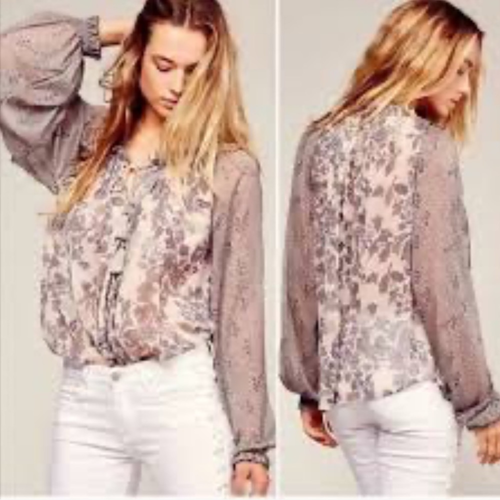 Free People Hendrix Peasant Floral Poet Floral Sheer Flowy boho TasselTie Blouse